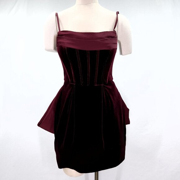 Azazie Atelier Mini Holiday Dress Womens 6 Wine Red Big Bow Back Velvet Cocktail - Picture 3 of 15